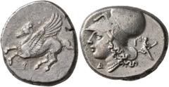 Greek CORINTHIA. Corinth. Circa 375-300 BC. Stater (Silver, 20 mm, 8.50 g, 9 h). Ϙ Pegasus flying left. Rev. Head of Athena to left, wearing Corinthian helmet; below chin, Δ; behind neckguard, I and A