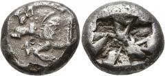 Greek DYNASTS OF LYCIA. Uncertain dynast, circa 500-480 BC. Stater (Silver, 28 mm, 9.29 g). Forepart of a boart to left; on shoulder, KΛB (?). Rev. Rough incuse square. BMC 8. Müseler III, 3. Very fin