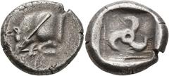 Greek DYNASTS OF LYCIA. Uncertain dynast, circa 480 BC. Stater (Silver, 20 mm, 8.71 g). Forepart of a boar to left with diagonal spear. Rev. Triskeles within square incuse. Müseler II, 21 var. (no spe