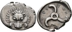 Greek DYNASTS OF LYCIA. Trbbenimi, circa 390-370 BC. 1/3 Stater (Silver, 19 mm, 3.11 g). Facing lion's scalp. Rev. 𐊗𐊕𐊂-𐊂𐊙𐊏-[𐊆𐊎𐊆] ('Trbbãnimi' in Lycian) Triskeles. BMC 147. Müseler VIII, 24-2