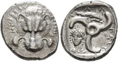 Greek DYNASTS OF LYCIA. Perikles, circa 380-360 BC. 1/3 Stater (Silver, 16 mm, 3.15 g). Facing lion's scalp. Rev. 𐊓𐊁𐊕𐊆-𐊋-𐊍𐊁 ('Perikle' in Lycian) Triskeles; to left, draped bust of female facin