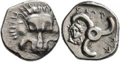 Greek DYNASTS OF LYCIA. Perikles, circa 380-360 BC. 1/3 Stater (Silver, 15 mm, 3.04 g, 7 h). Facing lion's scalp. Rev. 𐊓𐊁-𐊆𐊋𐊍𐊁 ('Perikle' in Lycian) Triskeles; to left, draped bust of female fac