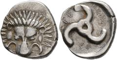 Greek DYNASTS OF LYCIA. Perikles, circa 380-360 BC. 1/3 Stater (Silver, 17 mm, 2.85 g, 4 h). Facing lion's scalp. Rev. 𐊓𐊁-𐊕𐊆𐊋-𐊍𐊁 ('Perikle' in Lycian) Triskeles. BMC 157 var., Müseler VIII, 47 