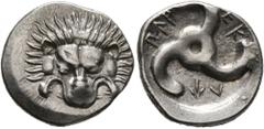 Greek DYNASTS OF LYCIA. Perikles, circa 380-360 BC. 1/3 Stater (Silver, 17 mm, 2.84 g). Facing lion's scalp. Rev. 𐊓𐊁𐊕-𐊆𐊋-𐊍𐊁 ('Perikle' in Lycian) Triskeles. BMC 157. Müseler VIII, 49. SNG von A