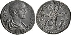 Roman Provincial LYDIA. Tripolis. Herennius Etruscus, as Caesar, 249-251. Diassarion (Orichalcum, 25 mm, 9.29 g, 7 h). Γ MЄ ЄTPOYCKOC KЄ Bare-headed, draped and cuirassed bust of Herennius Etruscus to