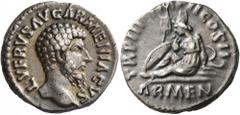 Roman Imperial Lucius Verus, 161-169. Denarius (Silver, 17 mm, 3.52 g, 7 h), Rome, autumn-December 163. L VERVS AVG ARMENIACVS Bare head of Lucius Verus to right. Rev. TR P III IMP II COS II / ARMEN A