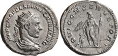 Roman Imperial Macrinus, 217-218. Antoninianus (Silver, 22 mm, 5.32 g, 6 h), Rome, spring-summer 217. IMP C M OPEL SEV MACRINVS AVG Radiate and draped bust of Macrinus to right, seen from behind. Rev.