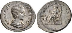 Roman Imperial Julia Soaemias, Augusta, 218-222. Denarius (Silver, 20 mm, 2.96 g, 2 h), Rome. IVLIA SOAEMIAS AVG Draped bust of Julia Soaemias to right. Rev. VENVS CAELESTIS Venus seated left, holding