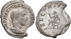 Roman Imperial Gordian I, 238. Denarius (Silver, 20 mm, 1.54 g, 6 h), Rome, March-April 238. IMP M ANT GORDIANVS AFR A[VG] Laureate, draped and cuirassed bust of Gordian I to right, seen from behind. 