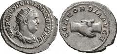 Roman Imperial Balbinus, 238. Antoninianus (Silver, 23 mm, 4.71 g, 5 h), Rome, circa April-June 238. IMP CAES D CAEL BALBINVS AVG Radiate, draped and cuirassed bust of Balbinus to right. Rev. CONCORDI