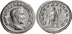 Roman Imperial Pupienus, 238. Denarius (Silver, 20 mm, 2.48 g, 7 h), Rome, circa April-June 238. IMP C M CLOD PVPIENVS AVG Laureate, draped and cuirassed bust of Pupienus to right, seen from behind. R