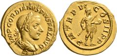 Roman Imperial Gordian III, 238-244. Aureus (Gold, 21 mm, 4.54 g, 7 h), Rome, 243. IMP GORDIANVS PIVS FEL AVG Laureate, draped and cuirassed bust of Gordian III to right, seen from behind. Rev. P M TR