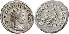 Roman Imperial Philip II, 247-249. Antoninianus (Silver, 22 mm, 4.19 g, 6 h), Rome. IMP PHILIPPVS AVG Radiate, draped and cuirassed bust of Philip II to right, seen from behind. Rev. LIBERALITAS AVGG 