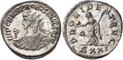 Roman Imperial Probus, 276-282. Antoninianus (Silvered bronze, 22 mm, 3.84 g, 12 h), Ticinum, 280. IMP C M AVR PROBVS AVG CONS III Radiate bust of Probus to left, wearing imperial mantle and holding e