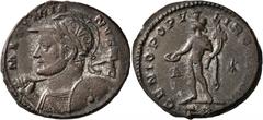 Roman Imperial Galerius, as Caesar, 293-305. Follis (Bronze, 27 mm, 11.03 g, 6 h), Treveri, 298-299. MAXIMIANVS N C Laureate, helmeted and cuirassed bust of Galerius to left, holding spear in his righ