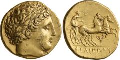 Greek KINGS OF MACEDON. Philip II, 359-336 BC. Stater (Gold, 18 mm, 8.61 g, 4 h), Pella, struck under Philip II or Alexander III, circa 340-328. Laureate head of Apollo to right. Rev. ΦΙΛΙΠΠOY Chariot