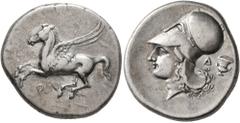 Greek CORINTHIA. Corinth. Circa 375-300 BC. Stater (Silver, 21 mm, 8.50 g, 2 h). Ϙ Pegasus flying left. Rev. Head of Athena to left, wearing Corinthian helmet; behind neckguard, Δ and krater. BCD Cori