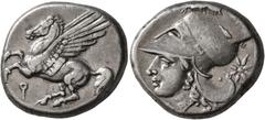 Greek CORINTHIA. Corinth. Circa 375-300 BC. Stater (Silver, 20 mm, 8.61 g, 7 h). Ϙ Pegasus flying left. Rev. Head of Athena to left, wearing Corinthian helmet; before neck, [I]; behind neckguard, star