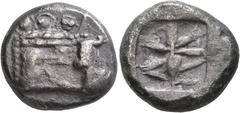Greek LYCIA. Phaselis. Circa 530-500 BC. Stater (Silver, 20 mm, 10.72 g). Prow of a galley to right, terminating in a boar's forepart; below, small dolphin right. Rev. Incuse square divided by central