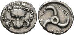 Greek DYNASTS OF LYCIA. Trbbenimi, circa 390-370 BC. 1/3 Stater (Silver, 15 mm, 2.98 g). Facing lion's scalp. Rev. 𐊗𐊕𐊂-𐊂𐊙𐊏-𐊆𐊎𐊆 ('Trbbãnimi' in Lycian) Triskeles. Müseler VIII, 24-27. SNG von 