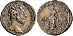 Roman Imperial Marcus Aurelius, 161-180. Sestertius (Orichalcum, 31 mm, 26.19 g, 1 h), Rome, 163. IMP CAES M AVREL ANTONINVS AVG P M Laureate head of Marcus Aurelius to right. Rev. SALVTI AVGVSTOR TR 