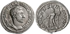 Roman Imperial Macrinus, 217-218. Denarius (Silver, 20 mm, 2.39 g, 6 h), Rome, spring-summer 217. IMP C M OPEL SEV MACRINVS AVG Laureate and cuirassed bust of Macrinus to right. Rev. IOVI CONSERVATORI