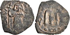 Early Medieval & Islamic ISLAMIC, Time of the Rashidun. Pseudo-Byzantine types. Fals (Bronze, 22 mm, 1.96 g, 6 h), derived from folles imitating the EN T૪TO NIKA follis of Constans II, uncertain mint,