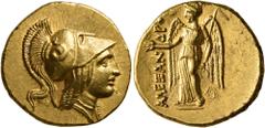 Greek KINGS OF MACEDON. Alexander III ‘the Great’, 336-323 BC. Stater (Gold, 19 mm, 8.61 g, 12 h), Arados or Tarsos (?), circa 325/4-324/3. Head of Athena to right, wearing Corinthian helmet decorated