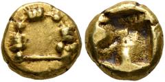 Greek IONIA. Uncertain. Circa 600-550 BC. Hemihekte – 1/12 Stater (Electrum, 8 mm, 1.41 g), Phokaic standard. Fibula on convex circle. Rev. Rough incuse square. BMFA -, cf. 1791 (hekte). Rosen -, cf. 