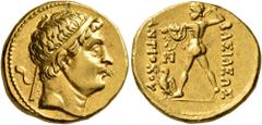 Oriental Greek BAKTRIA, Greco-Baktrian Kingdom. Diodotos I, circa 255-235 BC. Stater (Gold, 17 mm, 8.26 g, 7 h), in the name of the Seleukid King Antiochos II (?), mint A (near Aï Khanoum), circa 255-