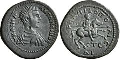 Roman Provincial PAPHLAGONIA. Germanicopolis. Caracalla, 198-217. Assarion (Orichalcum, 20 mm, 3.88 g, 7 h), CY 214 = 208/9. AY KAI M A ANTΩNЄINOC Radiate, draped and cuirassed bust of Caracalla to ri