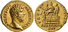 Roman Imperial Lucius Verus, 161-169. Aureus (Gold, 19 mm, 7.34 g, 1 h), Rome, 164. L•VERVS AVG ARMENIACVS Bare head of Lucius Verus to right. Rev. TR P IIII IMP II COS II - REX ARMEN / DAT Lucius Ver