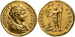 Roman Imperial Caracalla, 198-217. Aureus (Gold, 20 mm, 7.28 g, 12 h), Rome, 199-200. ANTONINVS AVGVSTVS Laureate, draped and cuirassed bust of Caracalla to right. Rev. SEVERI PII AVG FIL Caracalla, l