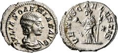Roman Imperial Julia Soaemias, Augusta, 218-222. Denarius (Silver, 20 mm, 3.00 g, 7 h), Rome. IVLIA SOAEMIAS AVG Draped bust of Julia Soaemias to right. Rev. VENVS CAELESTIS Venus standing front, head