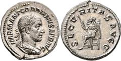 Roman Imperial Gordian I, 238. Denarius (Silver, 20 mm, 3.15 g, 6 h), Rome, March-April 238. IMP M ANT GORDIANVS AFR AVG Laureate, draped and cuirassed bust of Gordian I to right, seen from behind. Re