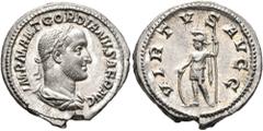 Roman Imperial Gordian II, 238. Denarius (Silver, 19 mm, 3.38 g, 12 h), Rome, March-April 238. IMP M ANT GORDIANVS AFR AVG Laureate, draped and cuirassed bust of Gordian II to right, seen from behind.