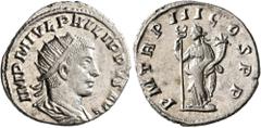 Roman Imperial Philip II, 247-249. Antoninianus (Silver, 22 mm, 3.90 g, 6 h), Antiochia, 247. IMP M IVL PHILIPPVS AVG Radiate, draped and cuirassed bust of Philip II to right, seen from behind. Rev. P