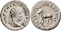 Roman Imperial Philip II, 247-249. Antoninianus (Silver, 22 mm, 3.43 g, 1 h), Rome, 248. IMP PHILIPPVS AVG Radiate, draped and cuirassed bust of Philip II to right, seen from behind. Rev. SAECVLARES A