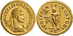 Roman Imperial Diocletian, 284-305. Aureus (Gold, 20 mm, 5.48 g, 1 h), Cyzicus (?), 286-287. IMP C C VAL DIOCLETIANVS AVG Laureate, draped and cuirassed bust of Diocletian to right, seen from behind. 