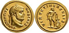 Roman Imperial Constantius I, as Caesar, 293-305. Aureus (Gold, 21 mm, 6.56 g, 7 h), Cyzicus (?), circa 293. CONSTANTIVS NOB CAES Laureate head of Constantius I to right. Rev. VIRTVTI HERCVLIS Hercule