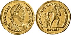 Roman Imperial Julian II, 360-363. Solidus (Gold, 22 mm, 4.49 g, 7 h), Constantinopolis, 361-363. FL CL IVLIA-NVS P F AVG Pearl-diademed, draped and cuirassed bust of Julian II to right. Rev. VIRTVS E