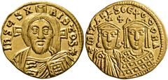 Byzantine Michael III "the Drunkard", with Theodora, 842-867. Solidus (Gold, 20 mm, 4.46 g, 6 h), Constantinopolis, 843-856. IҺSЧS XRISTOS✱ Half-length bust of Christ Pantokrator facing, with cross, h