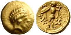 Greek CELTIC, Central Europe. Boii. 2nd century BC. 1/24 Stater (Gold, 7 mm, 0.35 g, 12 h), early Athena-Alkis-series. Laureate head of Apollo (?) to right. Rev. Athena Alkis standing left, brandishin