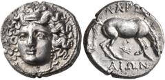 Greek THESSALY. Larissa. Circa 344-337 BC. Drachm (Silver, 18 mm, 5.95 g, 5 h). Head of the nymph Larissa facing slightly to left, wearing ampyx, pendant earring and necklace. Rev. ΛΑΡΙΣ-ΑΙΩΝ Horse ri