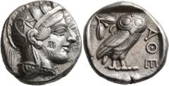 Greek ATTICA. Athens. Circa 430s-420s BC. Tetradrachm (Silver, 25 mm, 17.23 g, 2 h). Head of Athena to right, wearing crested Attic helmet decorated with three olive leaves and palmette; on cheek, cou