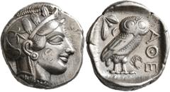 Greek ATTICA. Athens. Circa 430s-420s BC. Tetradrachm (Silver, 25 mm, 17.11 g, 1 h). Head of Athena to right, wearing crested Attic helmet decorated with three olive leaves and palmette; on cheek, cou