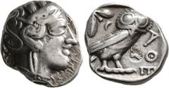 Greek ATTICA. Athens. Circa 420s-404 BC. Tetradrachm (Silver, 25 mm, 17.11 g, 9 h). Head of Athena to right, wearing crested Attic helmet decorated with three olive leaves and palmette; below eye, sma