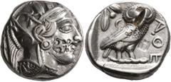 Greek ATTICA. Athens. Circa 420s-404 BC. Tetradrachm (Silver, 23 mm, 17.06 g, 8 h). Head of Athena to right, wearing crested Attic helmet decorated with three olive leaves and palmette; on cheek, coun