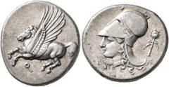 Greek CORINTHIA. Corinth. Circa 375-300 BC. Stater (Silver, 23 mm, 8.53 g, 3 h). Ϙ Pegasus flying left. Rev. Head of Athena to left, wearing Corinthian helmet; below chin, Γ; behind neckguard, fillete