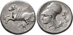Greek CORINTHIA. Corinth. Circa 375-300 BC. Stater (Silver, 21 mm, 8.56 g, 10 h). Ϙ Pegasus flying left. Rev. Head of Athena to left, wearing Corinthian helmet; before neck, I; behind neckguard, Nike 
